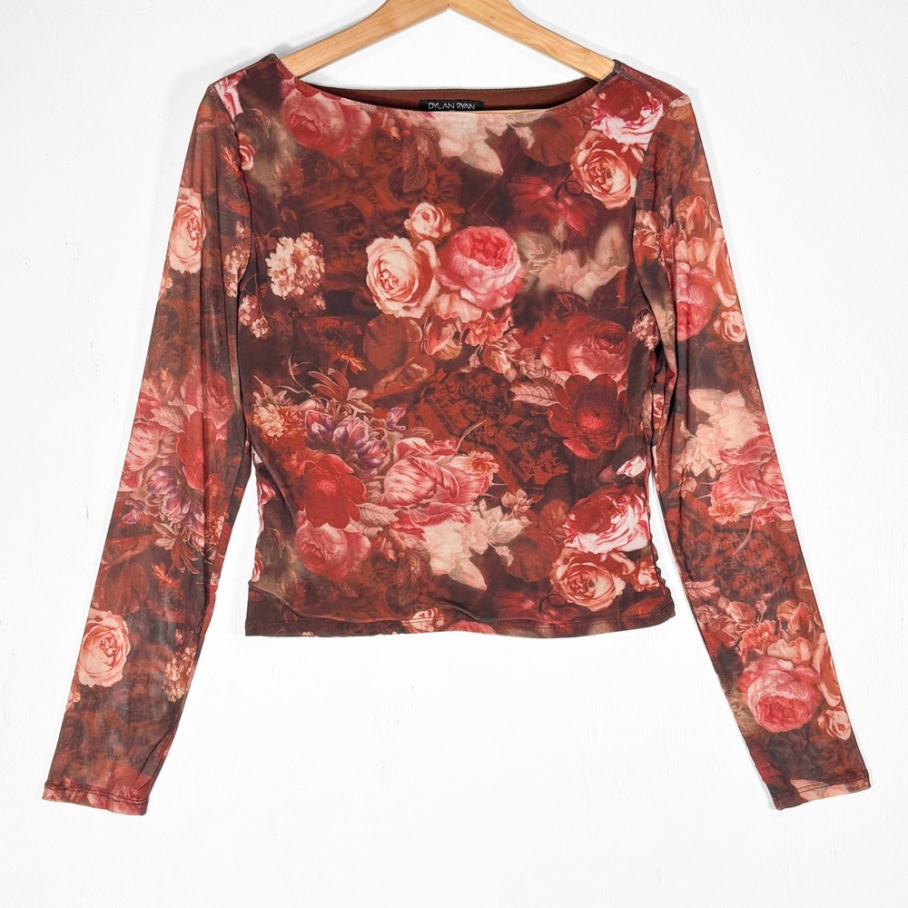 Dylan Ryan Y2K Brown Red Floral Mesh Top Womens L Whimsygoth Roses